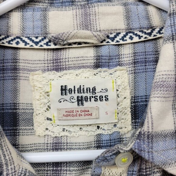 Anthropologie Holding Horses Womens Small Blue Beige Flannel Plaid Sheer Back - Picture 6 of 13